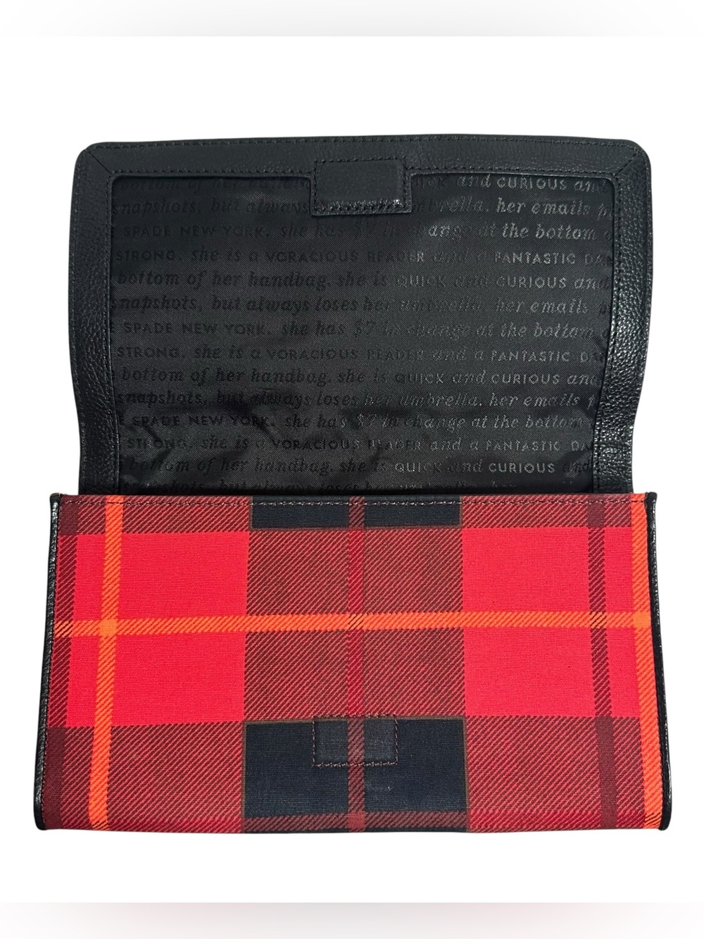 Kate Spade Red Plaid Canvas & Black Leather Bow Flap Clutch Mini Bag on Chain - Picture 6 of 14